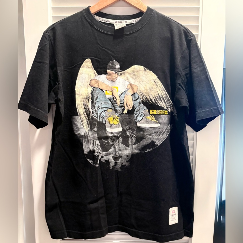 Vintage Ecko Unlimited Angel Wing Overcome Overturn Black Graphic Tee